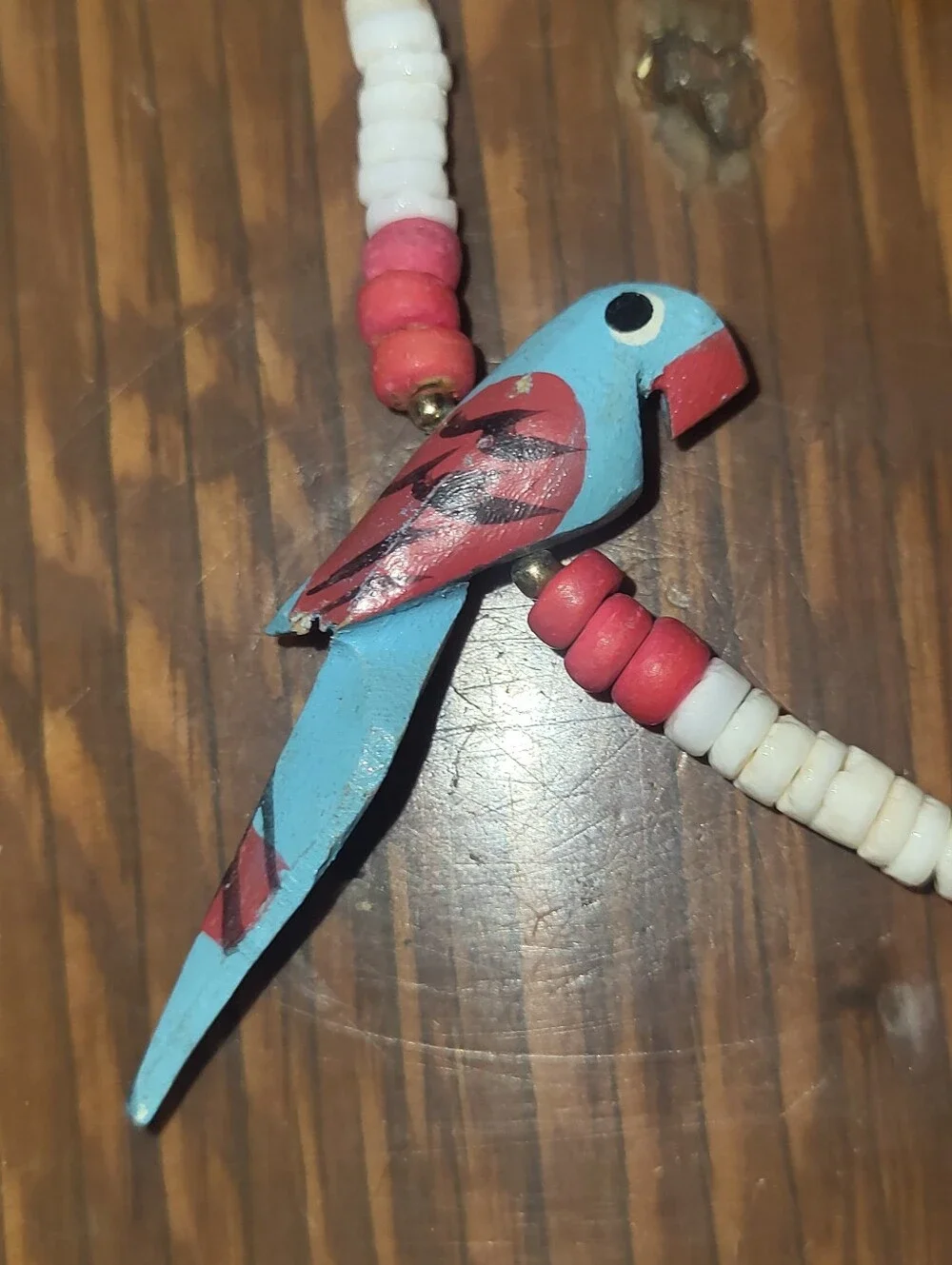 Vintage 1970s Hand-Painted Wooden Parrot & White Heishi Shell Bead Necklace